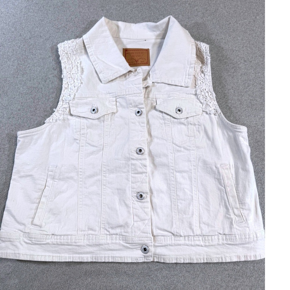 Amethyst Jeans White Denim Vest Womens Medium Lace Trim Boho Western Festival